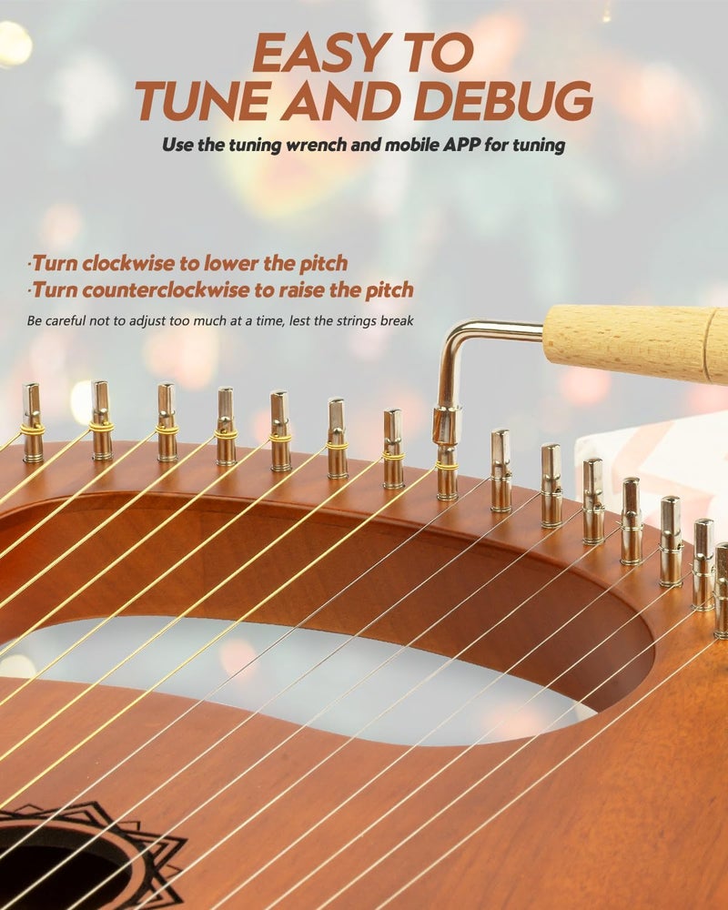 STRICH Lyre Harp, 16 Strings, Mahogany, Copper Saddle Lyre Harp Set with Spare Metal Strings, Tuning Wrench, Black Custom Gig Bag and Manual - Image 4